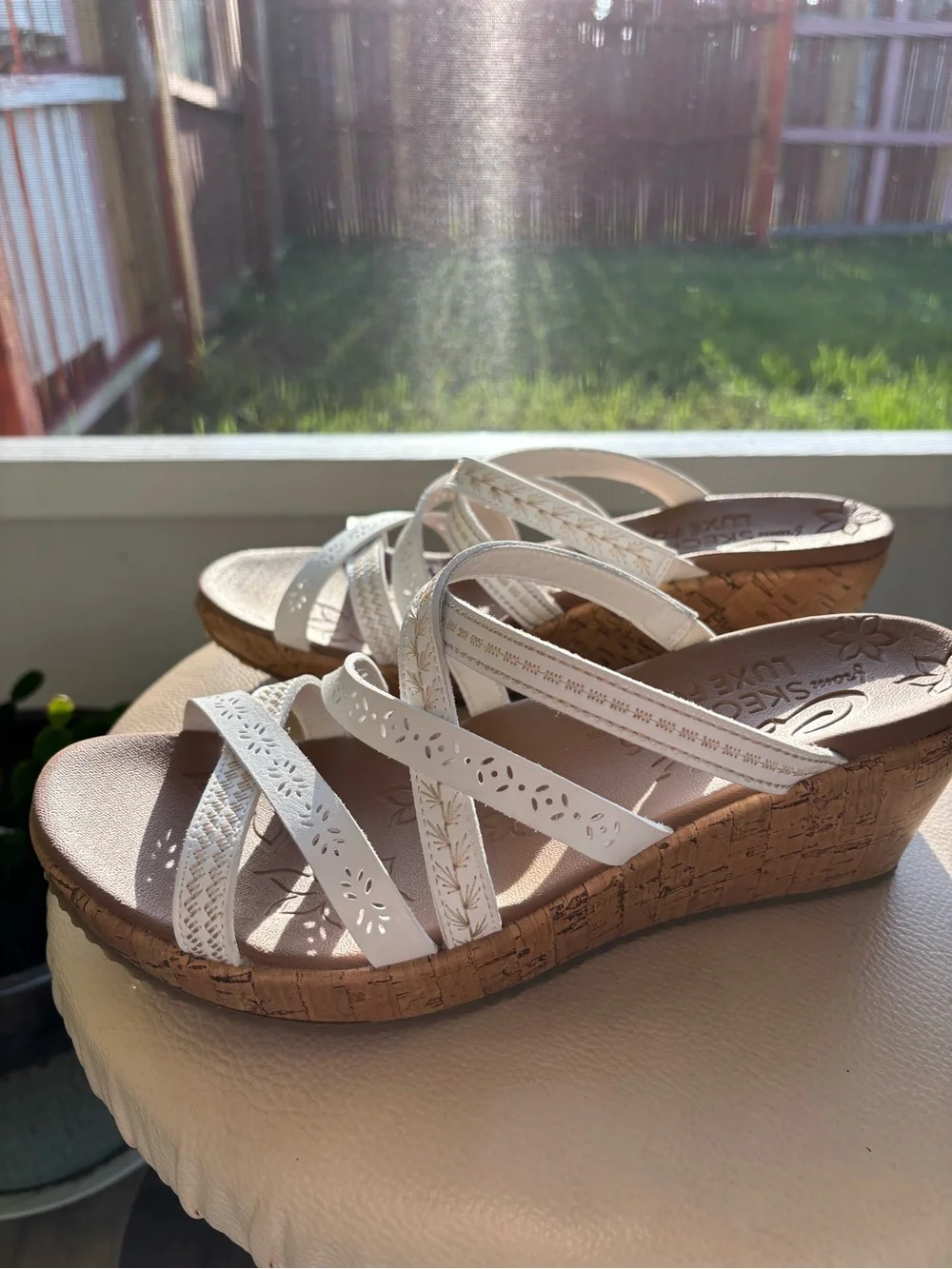 Skechers Women's Cream Laser-Cut Strappy Platform Sandals